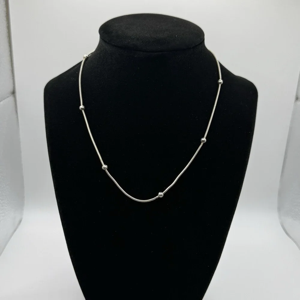 Italy 925 Sterling Silver Bead Station Snake Chain Necklace Lobster Closure